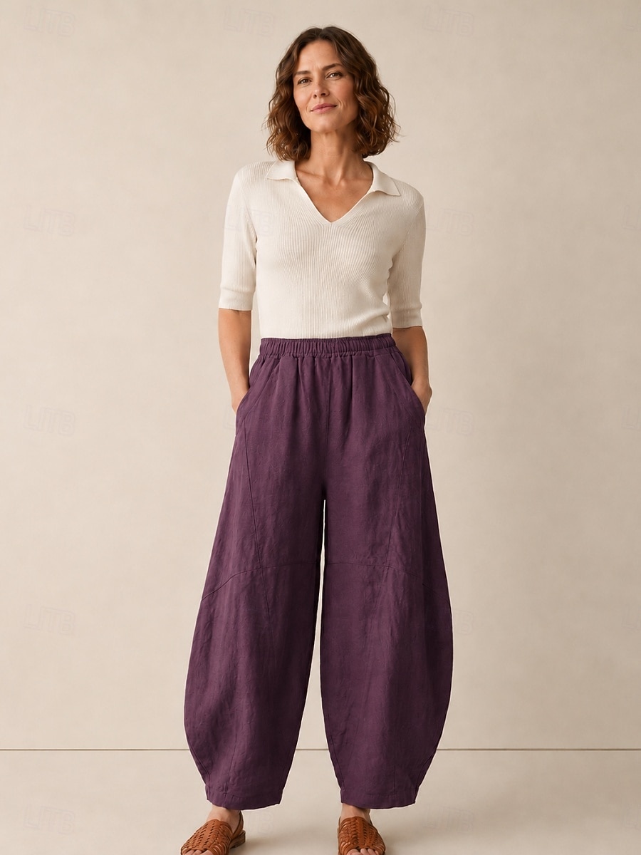 Pantalones bombachos de lino para mujer, cintura media, largo completo, bolsillo, cintura elástica, vacaciones, azul arroz 2026 - $49.99 –P7