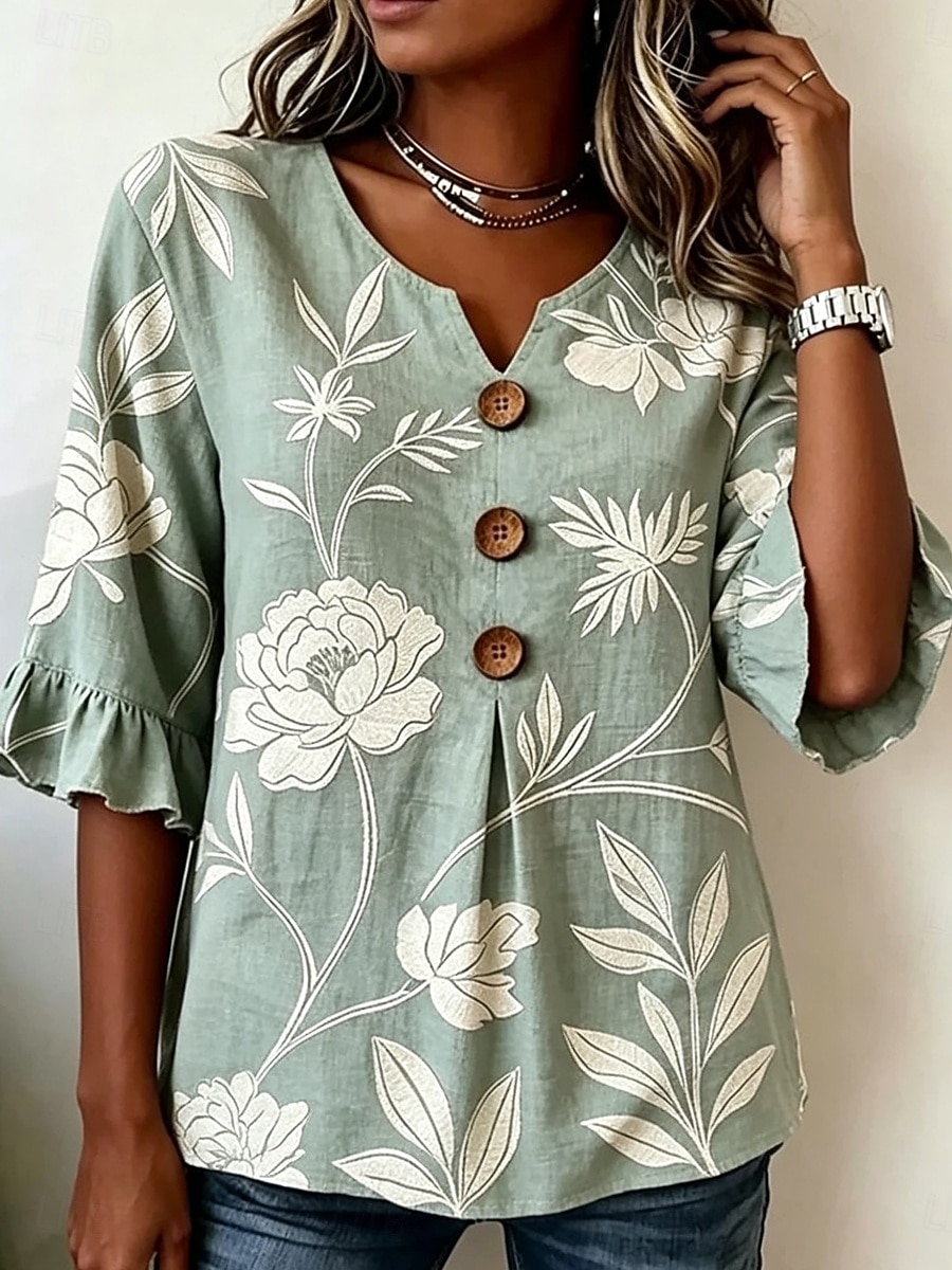 Women's Blouse Buttons Print Floral Graphic Vintage Stylish 3/4 Length Sleeve Crew Neck Regular Tops Casual Daily Going out Blue Green Summer Spring 2026 - $29.99 –P1