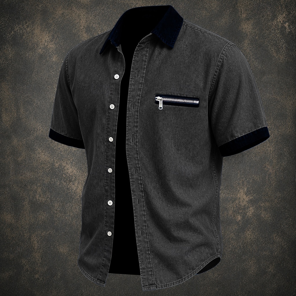 SoftFade™ Men Shirt Casual Shirt Denim Shirt Cotton Acid Wash Shirt Acid Wash Shirt Black Green khaki Gray Light Blue Short Sleeve Plain Shirt Collar Casual Daily Color Block Clothing Apparel Elegant 2026 - $31.99 –P8