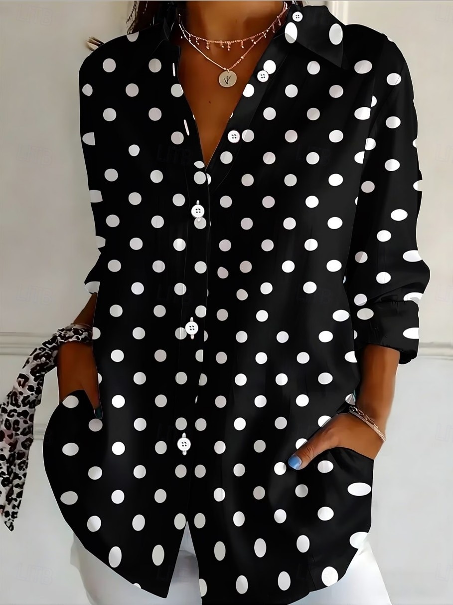Women's Shirt Blouse Buttons Graphic Polka Dot Striped Vintage Stylish Classic Long Sleeve Shirt Collar Crop Tops Casual Daily Holiday Black Pink Dusty Blue Summer Spring Fall Winter 2026 - $31.99 –P1