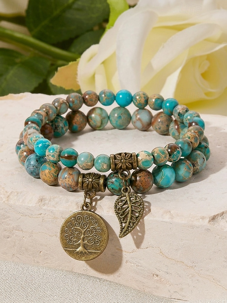 Set di braccialetti da donna bohémien a strati con perline di pietra naturale, albero della vita e ciondoli a forma di foglia, gioielli da polso impilabili multicolore in 2 pezzi per l'uso quotidiano, del 2026 a $14.99 –P6