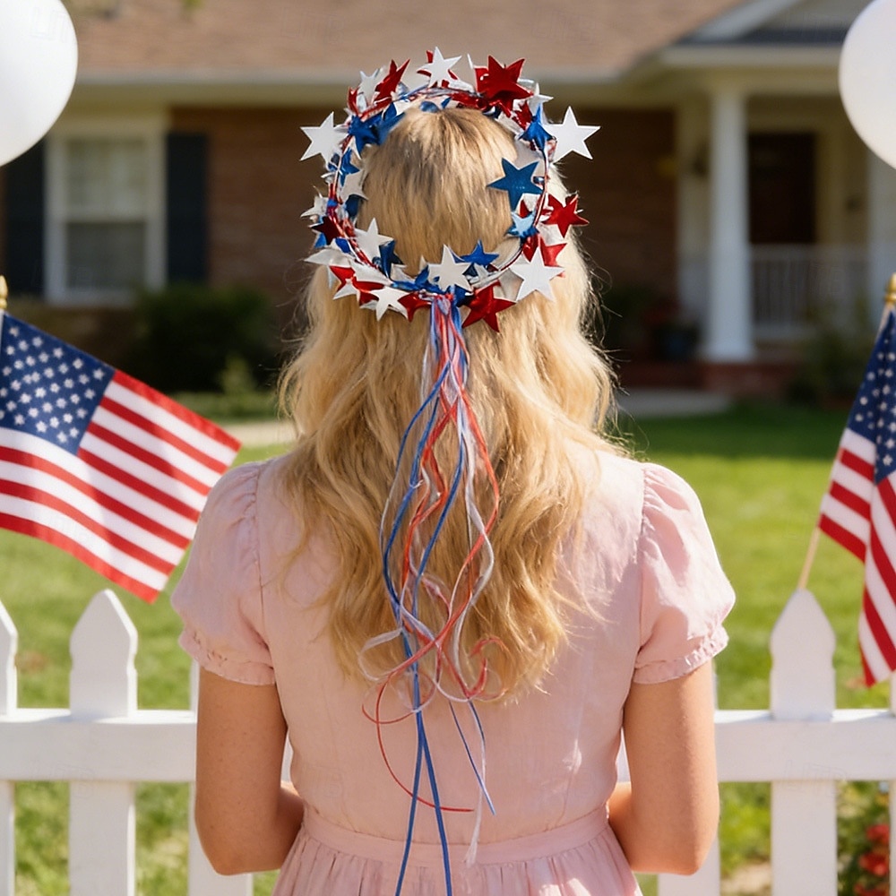 2 PCS Sparkling Americana Star Crown Headbands with Flowing Ribbons, Patriotic Red White Blue Hair Accessories for 4th of July Independence Day, Memorial Day, Veterans Day, Parades, Festivals 2026 - $11.99 –P6