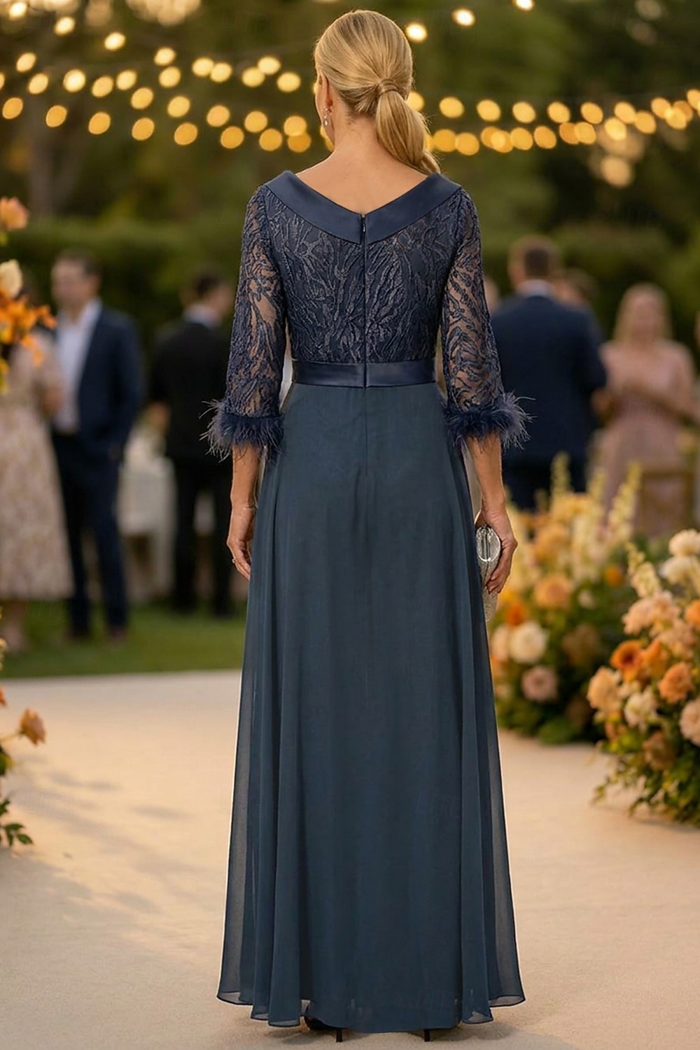 Tuta Completo Pantalone Lunghezza al pavimento Abito da cerimonia per signora Mezza Manica Collo gioiello Elegante Vintage Ospite di nozze Chiesa Chiffon con Piuma Paillettes Applicazioni del 2026 a $195.99 –P2