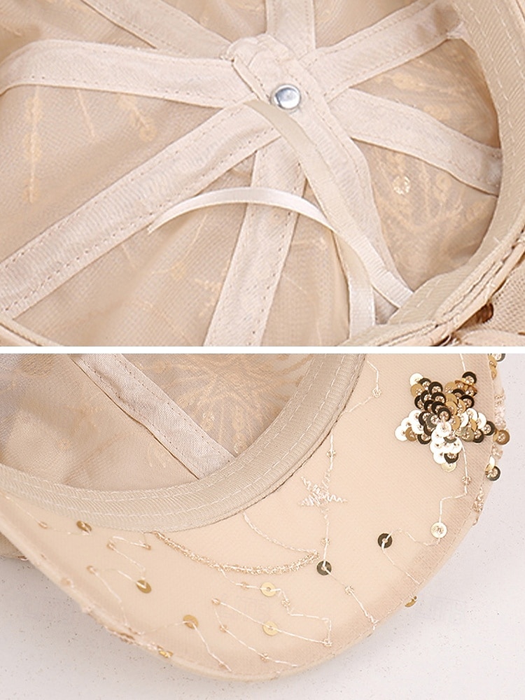 Zomerse pet met pailletten en sterrenmotief voor dames, gemaakt van ademend mesh. &linnenmix, resort &Platte reishoed, champagne goudbeige/wit/zwart, elegante dameshoed 2026 - $14.99 –P12