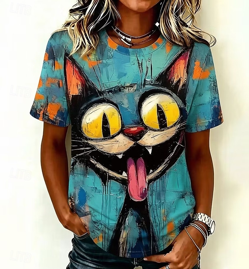 Per donna Maglietta Blocco di colore Stampato Grafico Animale Gatto Vintage Elegante Classico Manica Corta Girocollo Top lunghi Casuale Quotidiano Nero Rosso Marrone Verde Estate Primavera del 2026 a $21.99 –P2