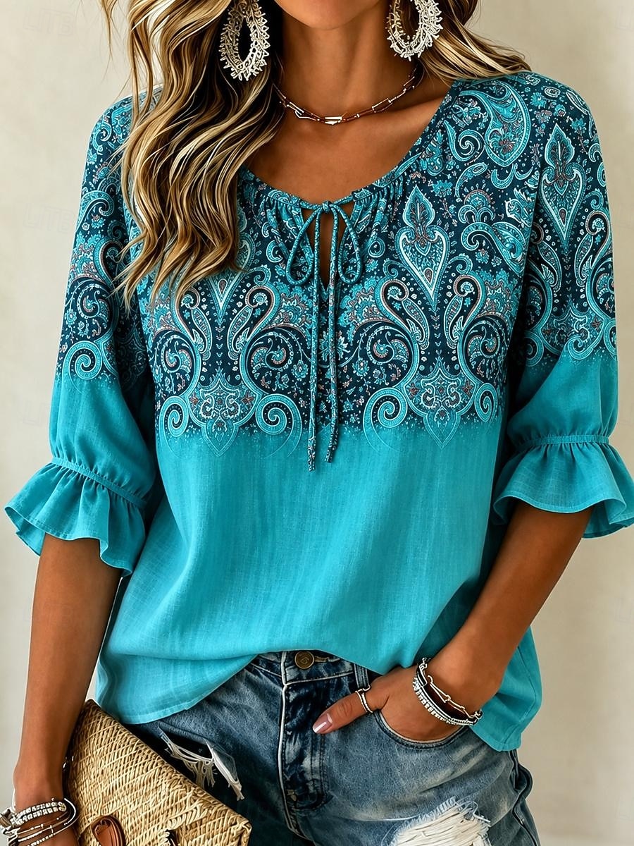 Dames Blouse Afdrukken Ombre Grafisch Paisley Vintage Dagelijks Stijlvol Halve mouw Stropdas nek Normale tops Casual Dagelijks blauw Khaki Blozend Roze Zomer Lente 2026 - $27.99 –P1