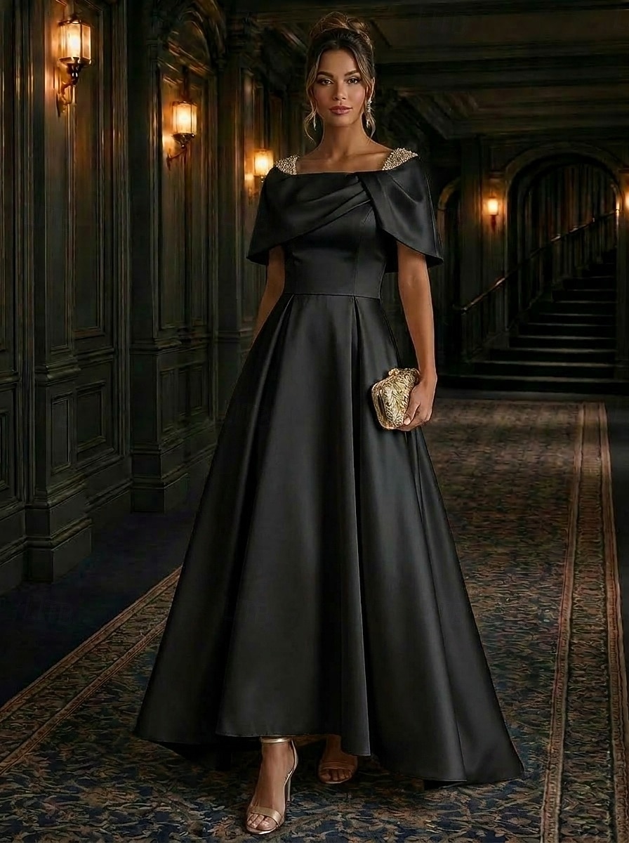 A-Line Asymmetrical Evening Gown Elegant Glittering Mother Of The Bride Short Sleeve Square Neck Wedding Formal Satin Cowl Back with Pleats Crystals Beading 2026 - $148.99 –P6