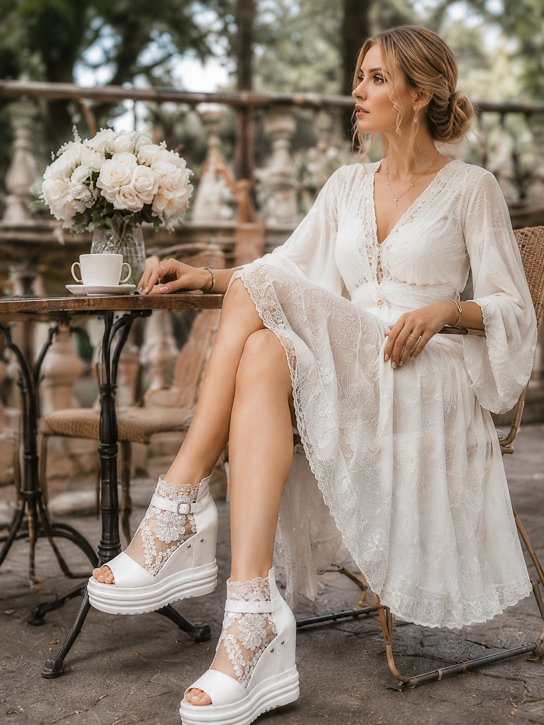 Sandalias de cuña con plataforma de encaje blanco para novias, zapatos de boda con puntera abierta y correa con hebilla para bodas al aire libre y en la ciudad. 2026 - $42.99 –P2