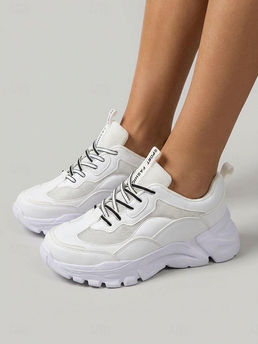 Weiße, klobige Plateau-Sneaker für Damen mit atmungsaktivem Mesh-Obermaterial – leichte, gepolsterte Laufschuhe, bequeme Schnürschuhe im Dad-Stil für Reisen, Shopping, Spaziergänge und 2026 - $32.99 –P1