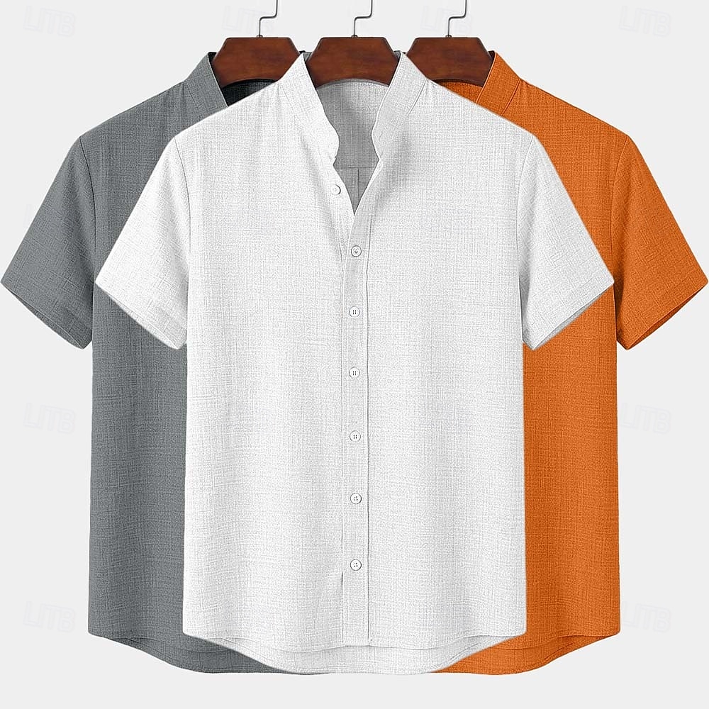 Men Shirt Linen Shirt Summer Shirt Band Collar Shirt Button Up Shirt Plain Casual Daily Black+White+Gray Black+Blue+Gray White+Gray+Blue Orange+Gray+Black Short Sleeve Stand Collar Summer Clothing 2026 - $45.99 –P3
