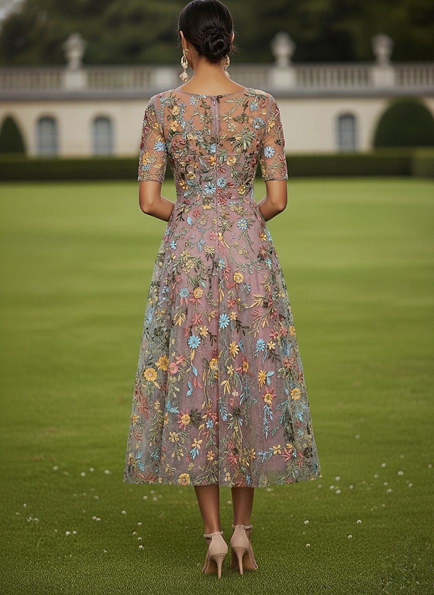 A-linje Kjoler Te-lengde Cocktail Kjole Gjestekjole til bryllup Kjole til brudens mor Halvlange ermer Crew-hals Båthals Elegant Fritid Formell Kentucky Derby Semi-formelt Tyll med Broderi Appliqué 2026 - $171.99 –P2
