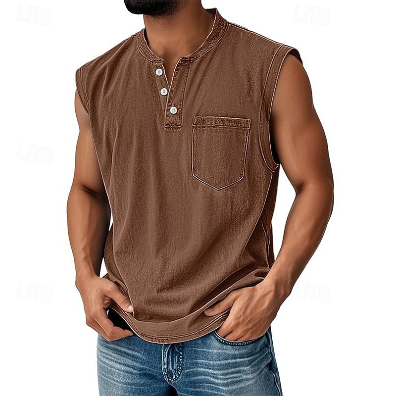 Regata masculina vintage 100% algodão com lavagem ácida, camiseta sem mangas, camiseta regata sem mangas estilo henley, camiseta básica de verão lisa, de grife, com bolsos e botões, para férias, estilo urbano, preta, para homens. de 2026 por $23.99 –P16