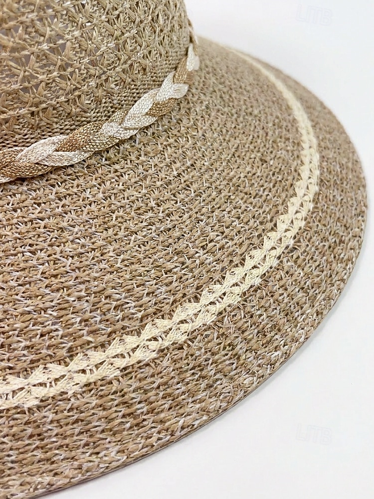 Chapéu de sol feminino de aba larga em tecido trançado com laço, elegante chapéu de palha multicolorido para o verão, chapéu leve para praia, férias, proteção solar, viagens e atividades ao ar livre. de 2026 por $11.99 –P9