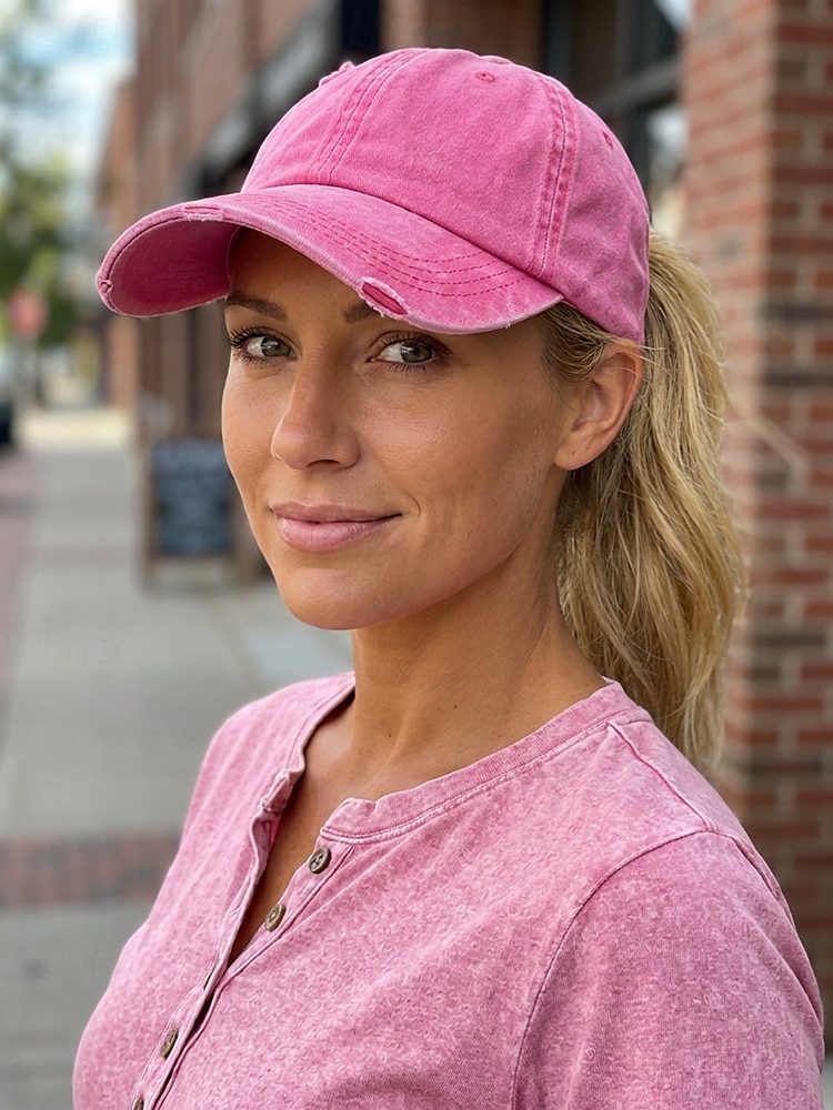 Cappellino da baseball da donna in cotone lavato con coda di cavallo, cappello regolabile multicolore per chignon disordinato, cappellino estivo casual per viaggi, attività all'aperto, uso quotidiano del 2026 a $11.99 –P7