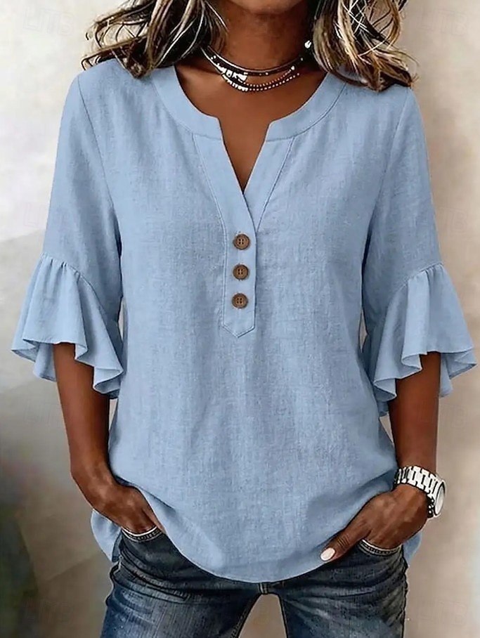Per donna Camicie effetto lino Blusa Camicia di cotone Volant Bottoni Tinta unica Quotidiano Elegante Casual Manica 3/4 Scollo a V Top corti Casuale Quotidiano Blu Giallo Rosa Verde Beige Estate del 2026 a $26.99 –P2