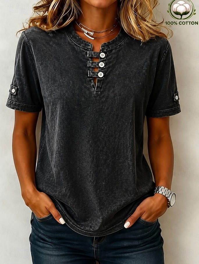 softfade™ maglietta henley da donna 100% cotone stile vintage alla moda elegante maniche corte top lunghi casual spiaggia blu rosa grigio estate primavera del 2026 a $15.99 –P20