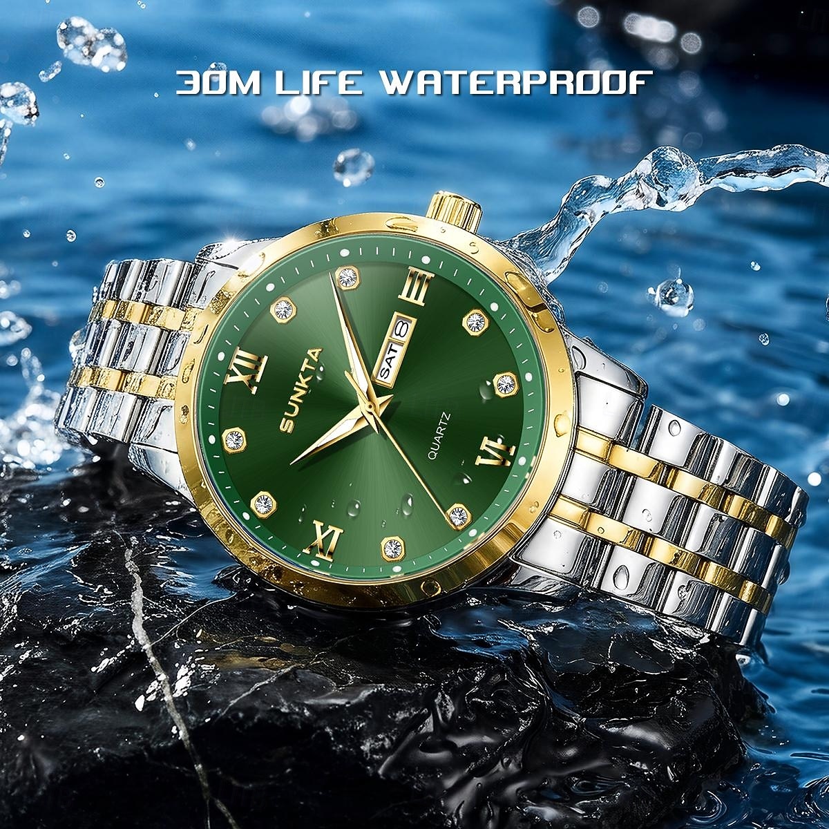 Reloj de negocios de lujo para hombre Sunkta, esfera verde, correa de acero inoxidable bicolor, resistente al agua, movimiento de cuarzo con calendario de día y fecha, números romanos, marcadores de 2026 - $9.99 –P5