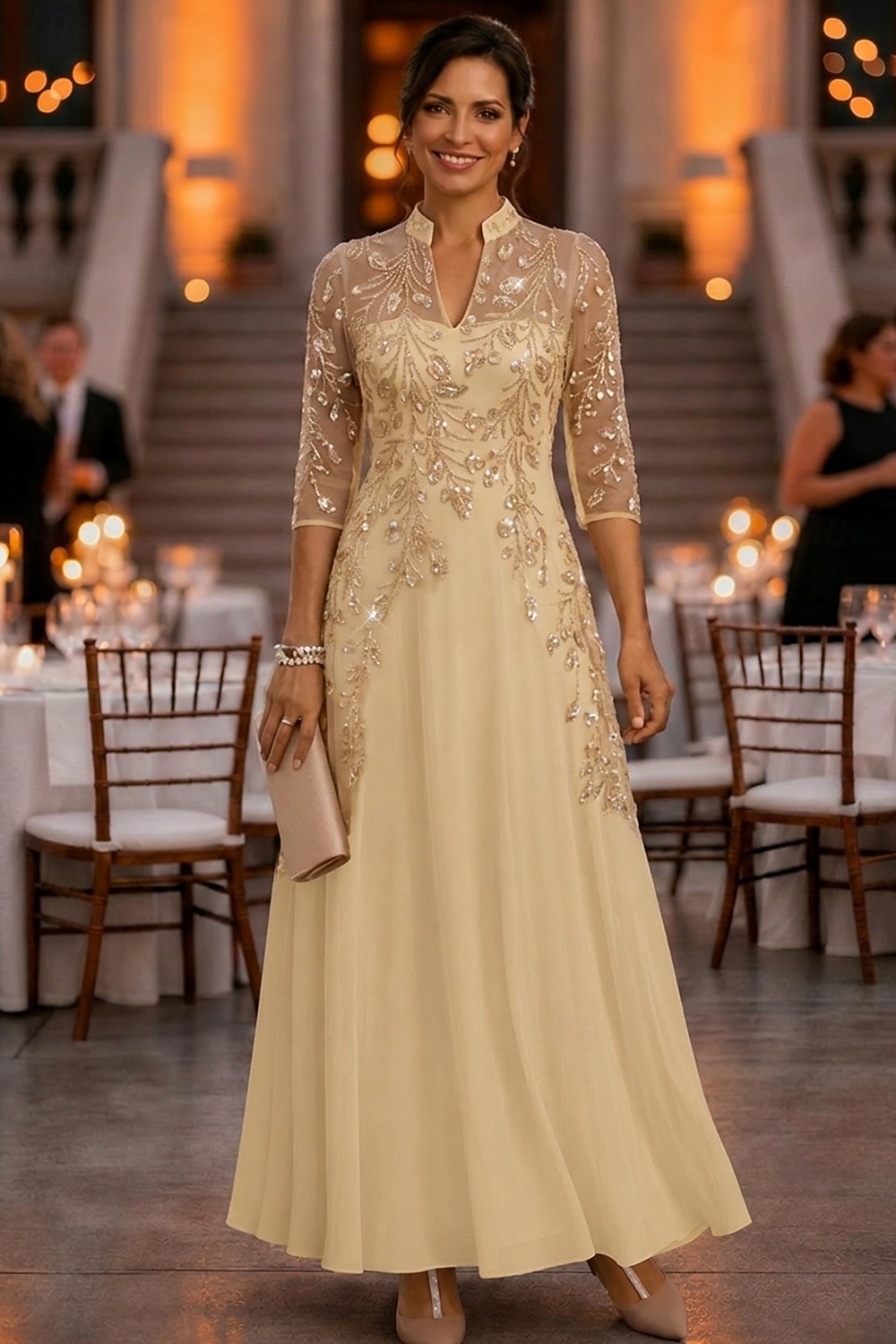 A-Line Ankle Length Mother of the Bride Dress 3/4 Length Sleeve V Neck Elegant Vintage Luxurious Formal Wedding Guest Wedding Party Chiffon Tulle with Beading Sequin Flower 2026 - $159.99 –P5