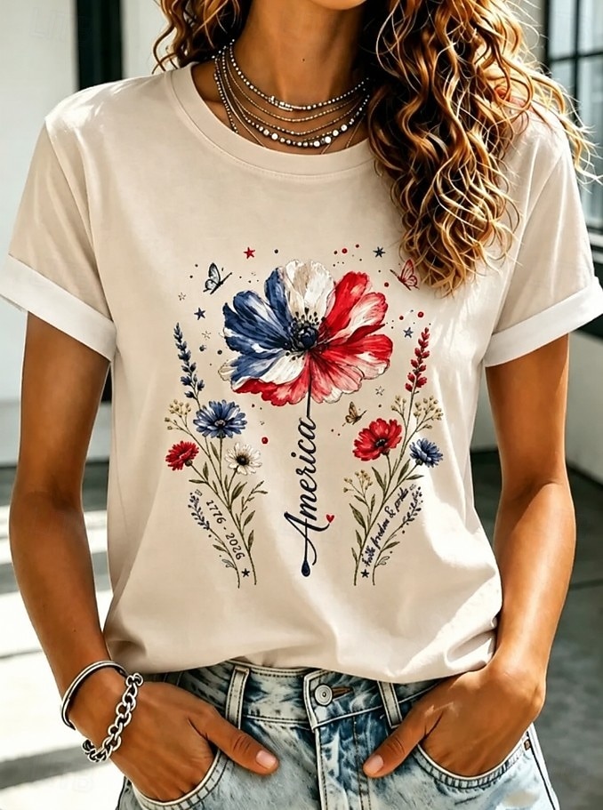 American Independence Day Women's T Shirt Print Graphic American Flag Vintage Fashion Casual Short Sleeve Crew Neck Regular Tops Casual Daily Weekend Light Beige Pink Summer Spring 2026 - $21.99 –P1