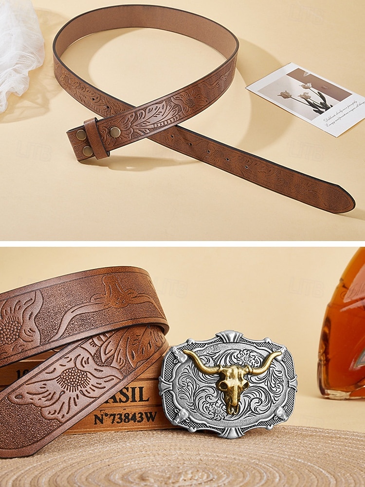 Men's Western Cowboy Belt, Vintage Embossed Faux Leather Belt for Men, Adjustable Length Country Style Waistband with Large Bull Skull Buckle, Retro Rodeo Jeans Accessory, Black Brown Colors 2026 - $14.99 –P6