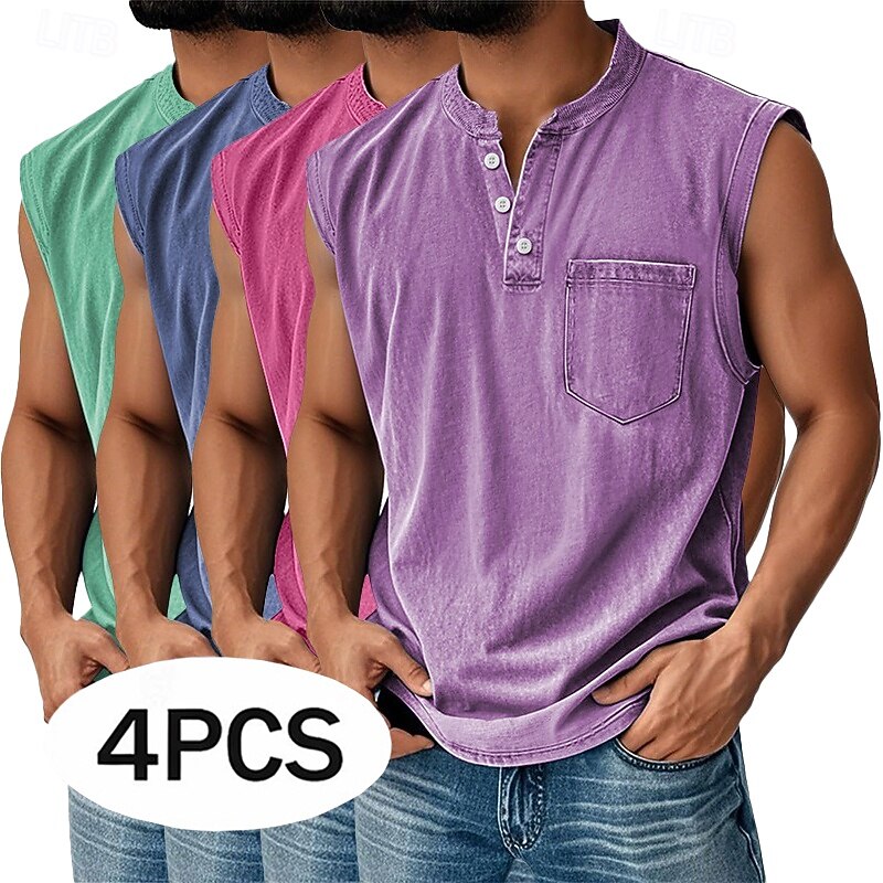 Men's 4-PCS Vest Top 100% Cotton Acid Wash Shirt Acid Wash Shirt Sleeveless Henley Summer Spring Plain Fashion Designer Basic Garment Dyed Vintage Washed Vacation Street Going out Top Tee for Men 2026 - $91.99 –P1