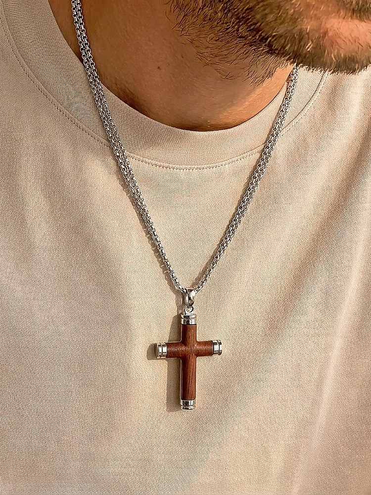 Colar masculino com pingente de cruz em madeira e liga metálica, corrente em aço inoxidável, joia religiosa, presente para homens maduros, ideal para uso casual no verão, viagens e dia a dia. de 2026 por $18.99 –P2