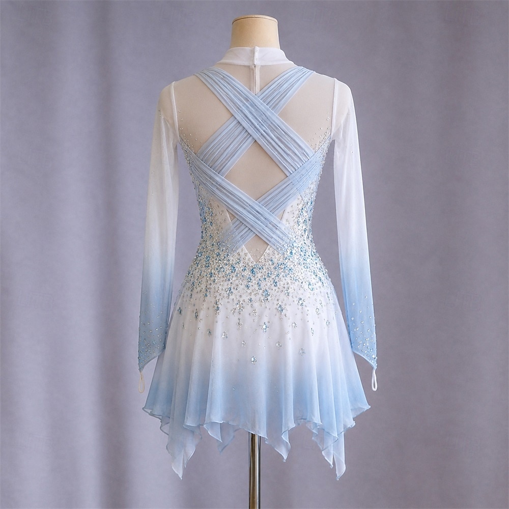 Robe de patinage artistique Femmes Patinage Robe Bleu + Blanc Patchwork Trou de pouce Élastique Entraînement Compétition Tenue de Patinage Classique cristal pailleté manche longue Patinage sur glace de 2026 ? $298.19 –P2