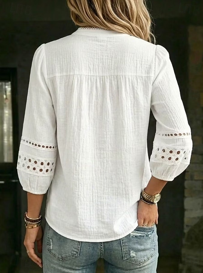 Women's Shirt Eyelet Top Lace Trim Elegant Bohemia Vacation 3/4 Sleeve Mandarin Collar Regular Tops Casual Daily Holiday White Summer Spring 2026 - $31.99 –P2