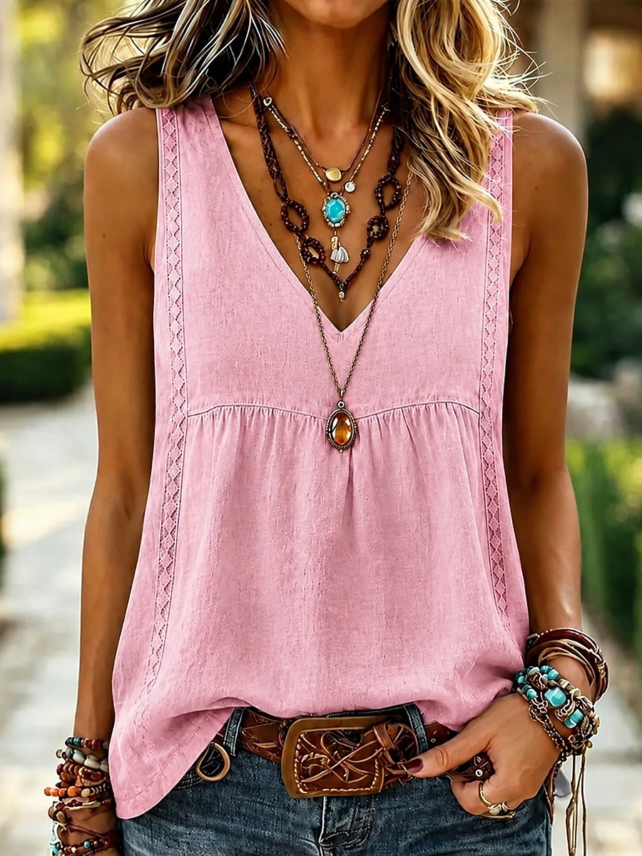 Mujer Camisa Camisas de algodón y lino Color sólido Plano Bohemia Vintage Moda Sin Mangas Escote en Pico Tops largos Casual Amarillo Rosa Verano Primavera 2026 - $24.99 –P2