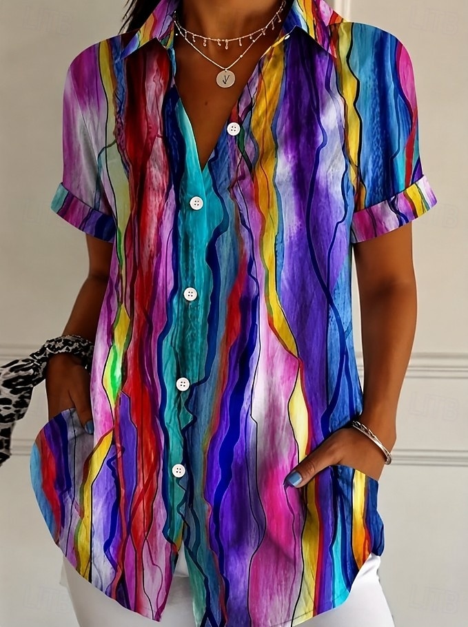Dames Overhemd Knop Afdrukken Grafisch Ruitjes Gestreept Vintage Dagelijks Stijlvol Korte mouw Overhemdkraag Lange tops Casual Dagelijks blauw Groen En Blauw Paars Groen Zomer Lente 2026 - $26.99 –P6