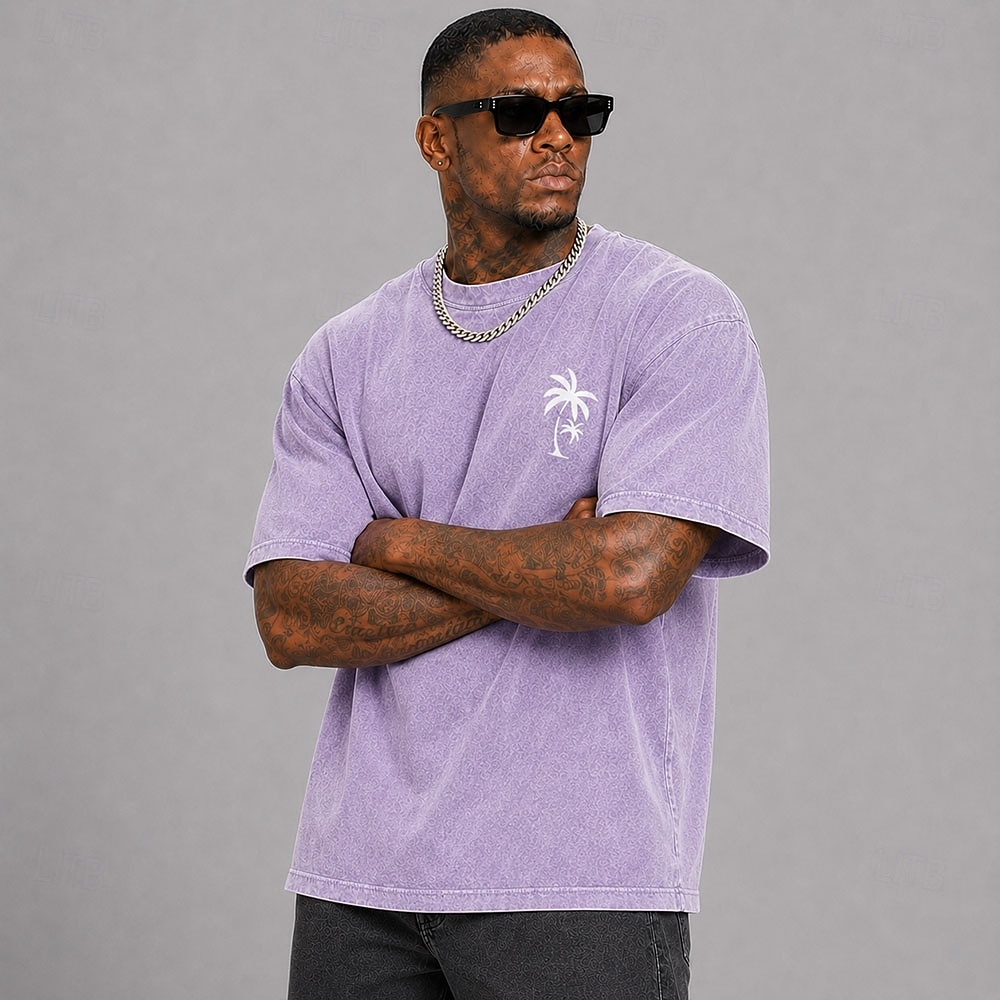 Tricou bărbătesc cu imprimeu hawaian din frunze de palmier și nucă de cocos, 100% bumbac, spălat acid, gros, tricou cu mânecă scurtă, guler rotund, stil DTG, îmbrăcăminte la modă, stil zilnic, 2026 - $27.99 –P7