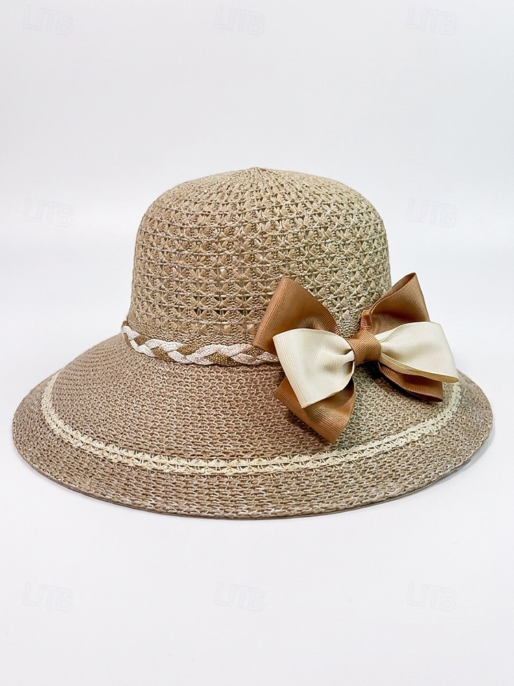 Chapéu de sol feminino de aba larga em tecido trançado com laço, elegante chapéu de palha multicolorido para o verão, chapéu leve para praia, férias, proteção solar, viagens e atividades ao ar livre. de 2026 por $11.99 –P5