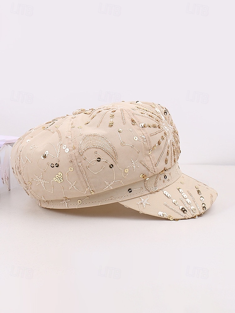 Zomerse pet met pailletten en sterrenmotief voor dames, gemaakt van ademend mesh. &linnenmix, resort &Platte reishoed, champagne goudbeige/wit/zwart, elegante dameshoed 2026 - $14.99 –P9
