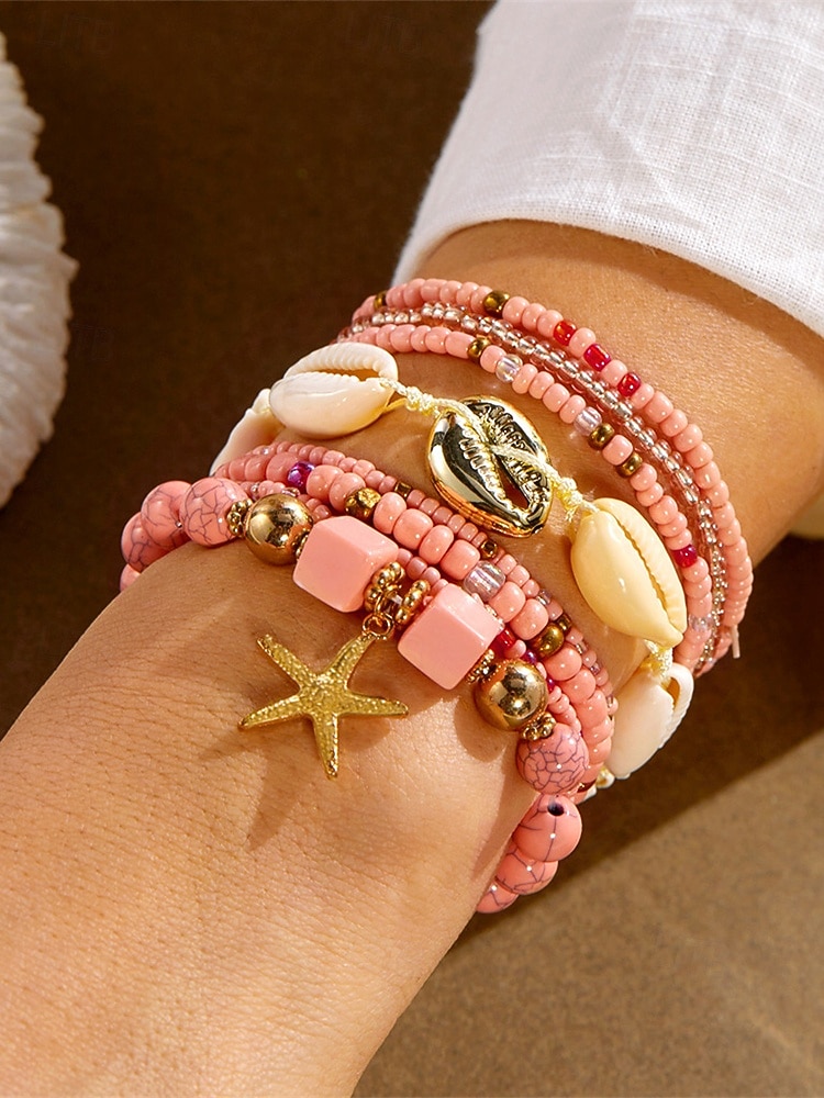 Conjunto de pulseiras femininas boho em camadas com 8 peças, pingente de estrela-do-mar e concha, em liga dourada, multifilamento, perfeitas para usar na praia, férias de verão e viagens. de 2026 por $11.99 –P5