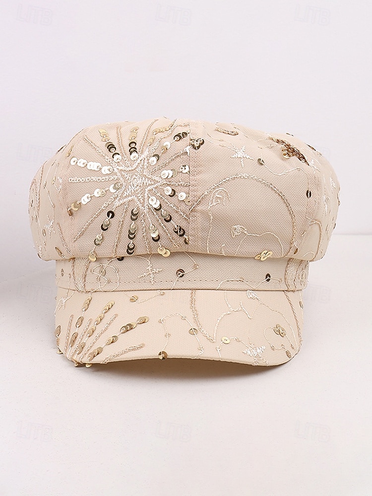 Zomerse pet met pailletten en sterrenmotief voor dames, gemaakt van ademend mesh. &linnenmix, resort &Platte reishoed, champagne goudbeige/wit/zwart, elegante dameshoed 2026 - $14.99 –P7