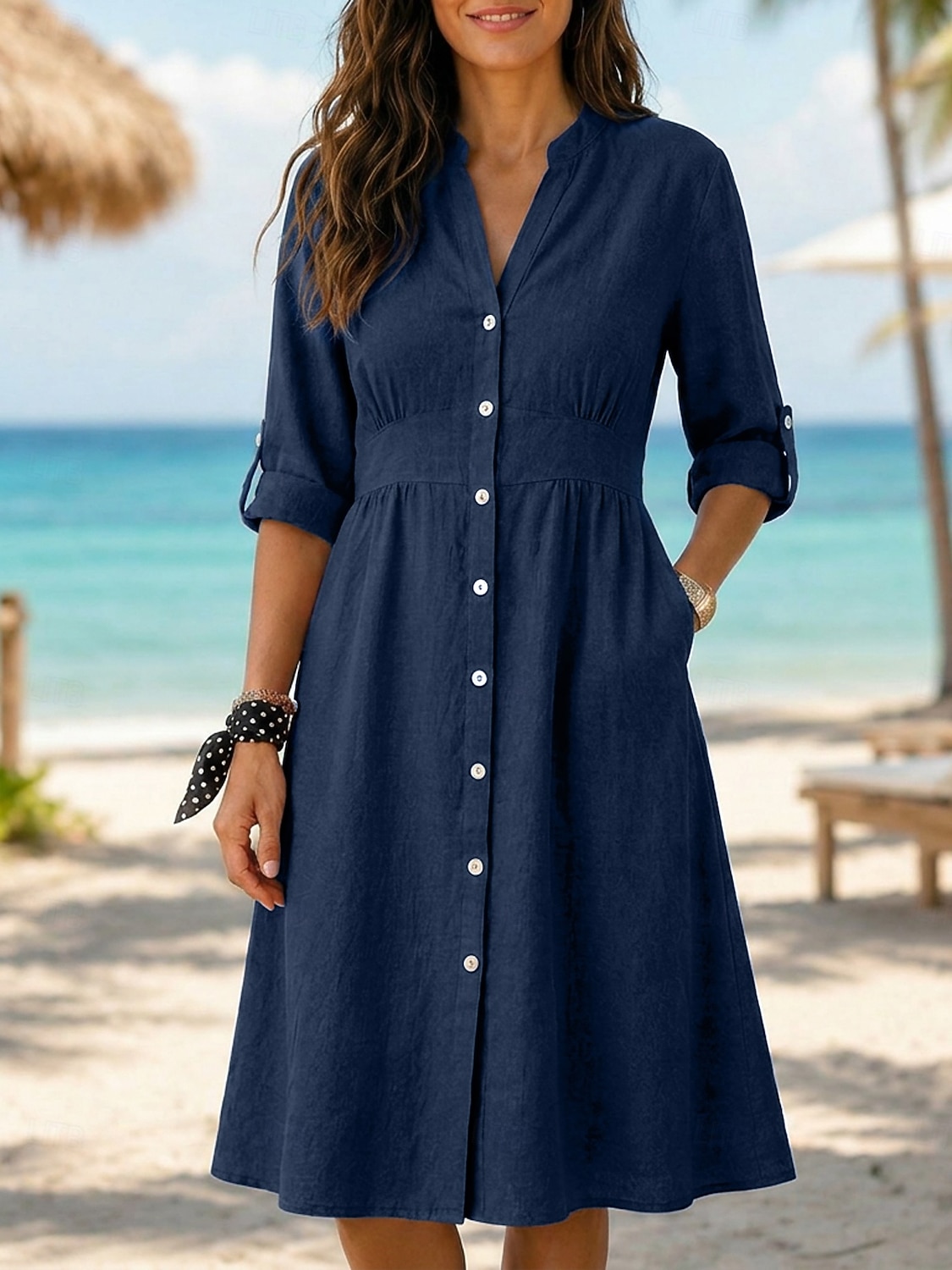Dames Knielengte jurk Jurken van katoen en linnen Shirtjurk Elegant Vakantie Klassiek Dagelijks Kantoor Vakantie Normale pasvorm Effen Lange mouw V-hals Rood Marineblauw Oranje Zomer Lente 2026 - $41.99 –P10