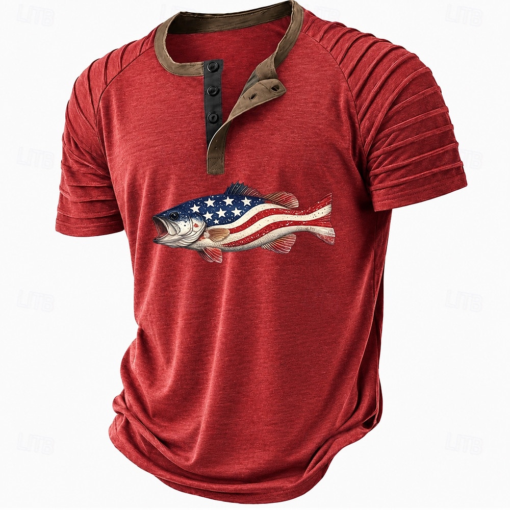 Men's American US Flag Fish Henley Shirt Raglan T Shirt Short Sleeve Fashion Designer Casual Casual Daily Outdoor Summer Blue Gray Green Red Beige Henley Collar Henley Henley T-Shirt 2026 - $16.99 –P3