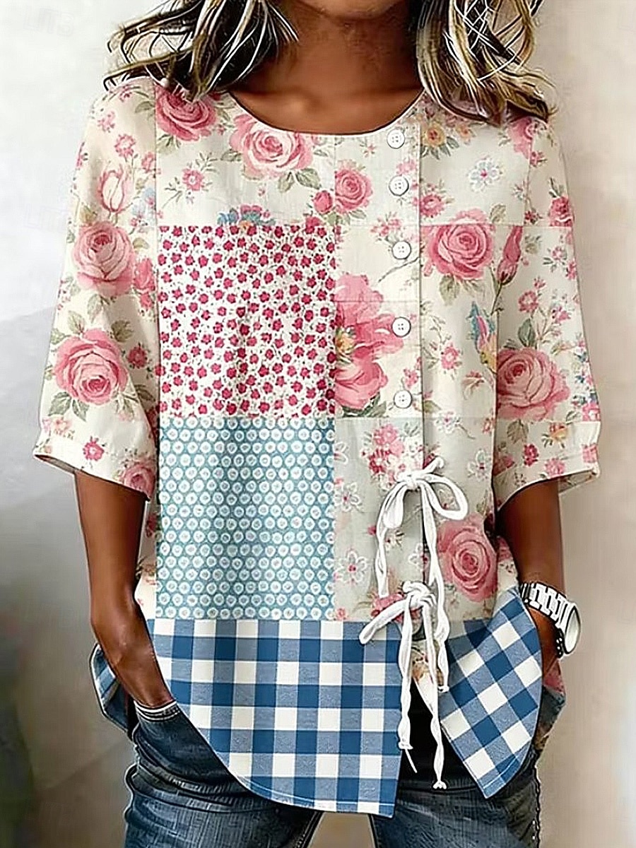 Dámské Halenka Šňůrky Slátanina Knoflíky Květinový Grafika Elegantní Čechy Vinobraní Krátký rukáv 3/4 délka rukávu Tričkový Dlouhé topy Ležérní Vodní modrá Světlá růžová Trávová zelená Léto Jaro 2026 - $32.99 –P1