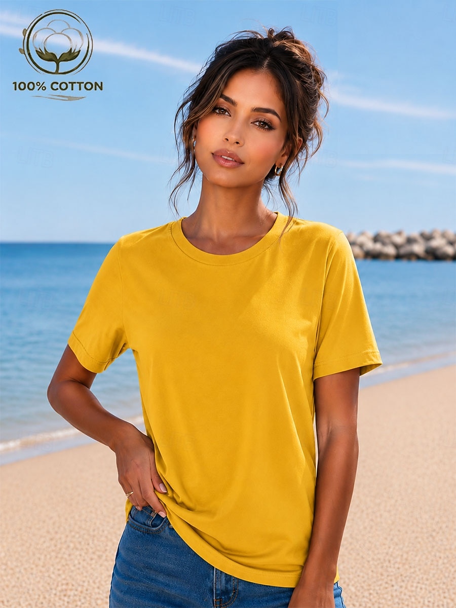 Women's T Shirt Summer Tops Cotton Shirt Tee Top Solid Color Fashion Stylish Basic Short Sleeve Crew Neck Round Neck Regular Tops Casual Daily Beach Blue Khaki Indigo Green with beige Black Summer 2026 - $19.99 –P10