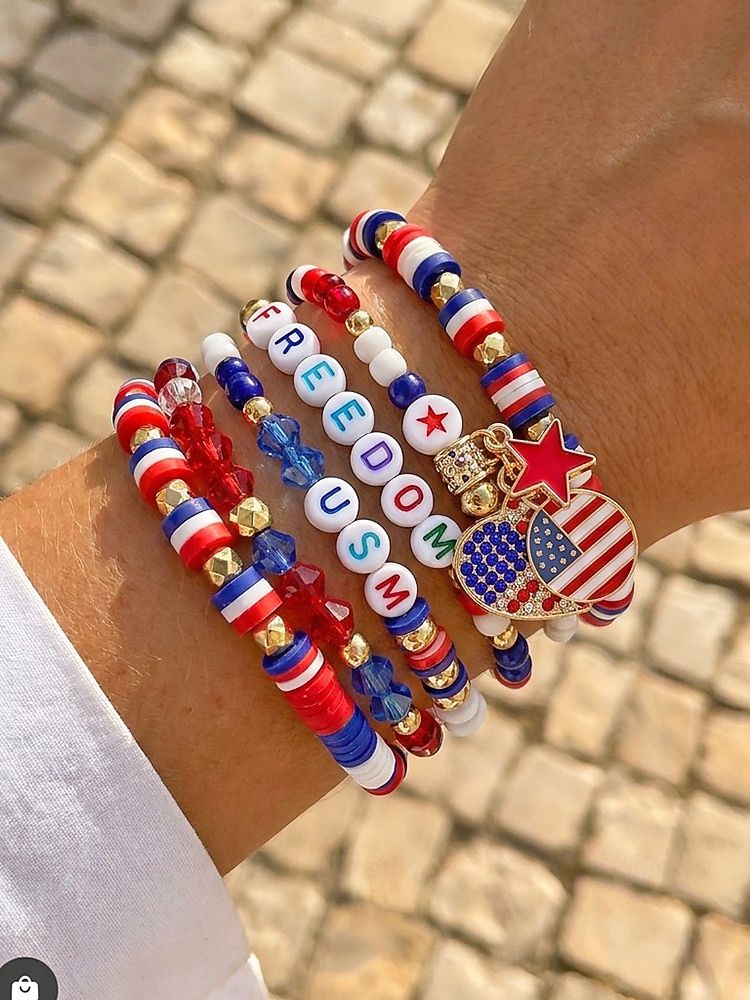 Dámská sada vlasteneckých vrstvených náramků, měkké hliněné korálkové náramky ve více stylech, stohovatelné, červená, bílá, modrá, Amerika, 250 svátečních šperků na párty, oslavu, průvod 2026 - $11.99 –P4
