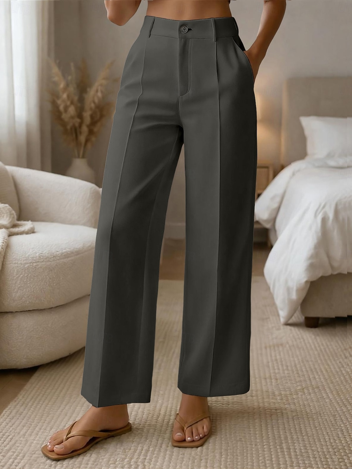 Mulheres Perna larga Calças Social Calça casual Moda Roupa de rua Básico Comprimento total Cintura Alta Tecido Bolsos Cintura elástica Confortável Sem Elasticidade Diário Escritório Férias Verde de 2026 por $10.99 –P6