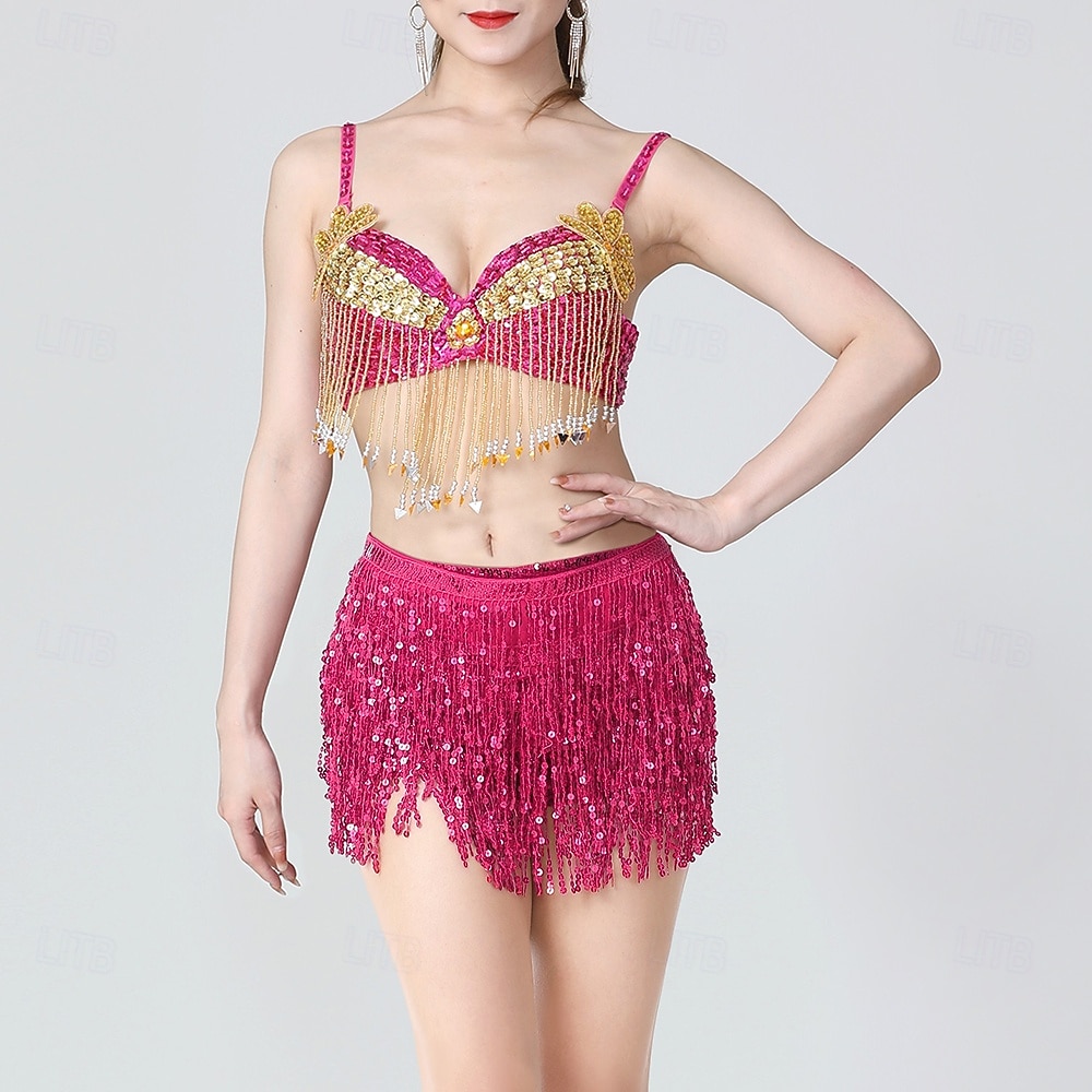 glitzerndes Königsblau für Damen &Goldenes Bauchtanzkostüm-Set – Pailletten-BH-Top und Fransenrock – Performance-Outfit für Latin Samba und Rave 2026 - $57.99 –P3