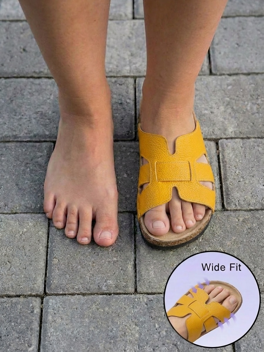 Women's Yellow Cutout Comfort Footbed Slides – Wide Fit Box Open Toe Slide Sandals with Cushioned Insole & Lightweight Non-Slip Outsole for Travel, Casual Wear and Everyday Comfort 2026 - $24.99 –P2