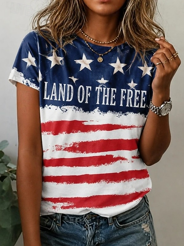 Ziua Independenței Americane Pentru femei Tricou Imprimeu Grafic Steag Scrisă Epocă Modă Stilat Manșon scurt Stil Nautic Rotund Topuri obișnuite Casual Zilnic Sfârșit de săptămână Alb / Albastru 2026 - $21.99 –P1