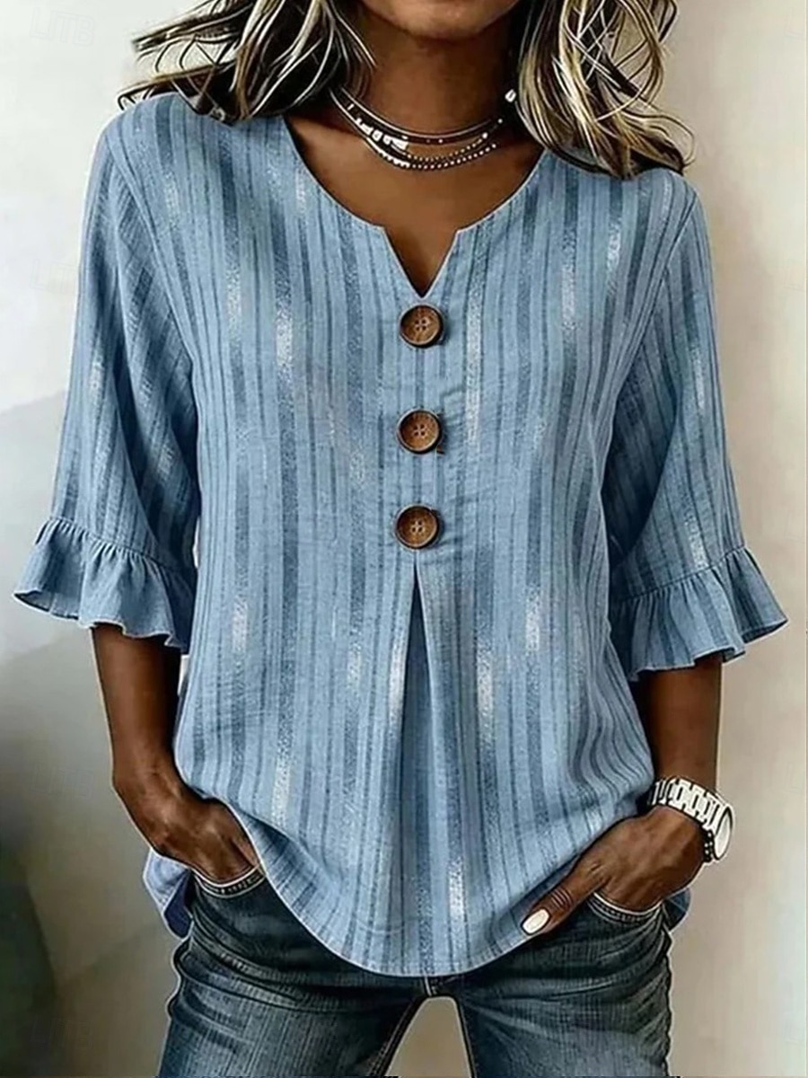 Femmes Chemise Patchwork Boutons Imprimé A Ombre Graphique ancien Élégant Manche 3/4 Col en V Hauts Longs Occasionnel Quotidien Fête Bleu Marron Beige Grise Été Printemps de 2026 ? $26.99 –P4