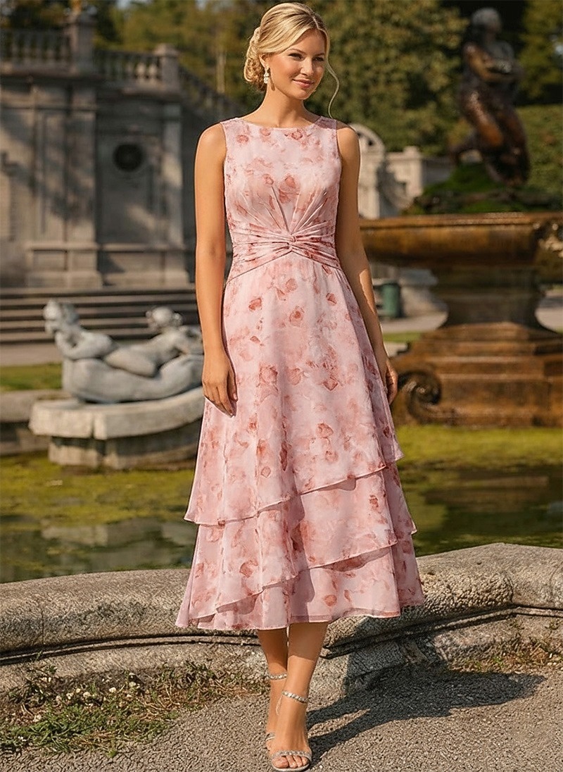 Two Piece A-Line Tea Length Wedding Guest Dress Mother of the Bride Dress Sleeveless 3/4 Length Sleeve Crew Neck Elegant Simple Minimalist Formal Semi Formal Chiffon Jacquard with Floral Print Ruched 2026 - $182.99 –P5