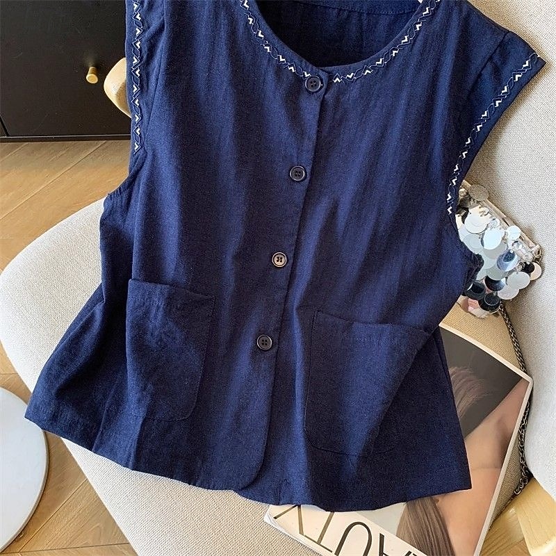 Mujer Chaleco de lino y algodón Camisa de verano Bordado Vintage Sin Mangas Cuello Barco Tops largos Casual Blanco Amarillo Azul Marino Verano Primavera 2026 - $21.99 –P8
