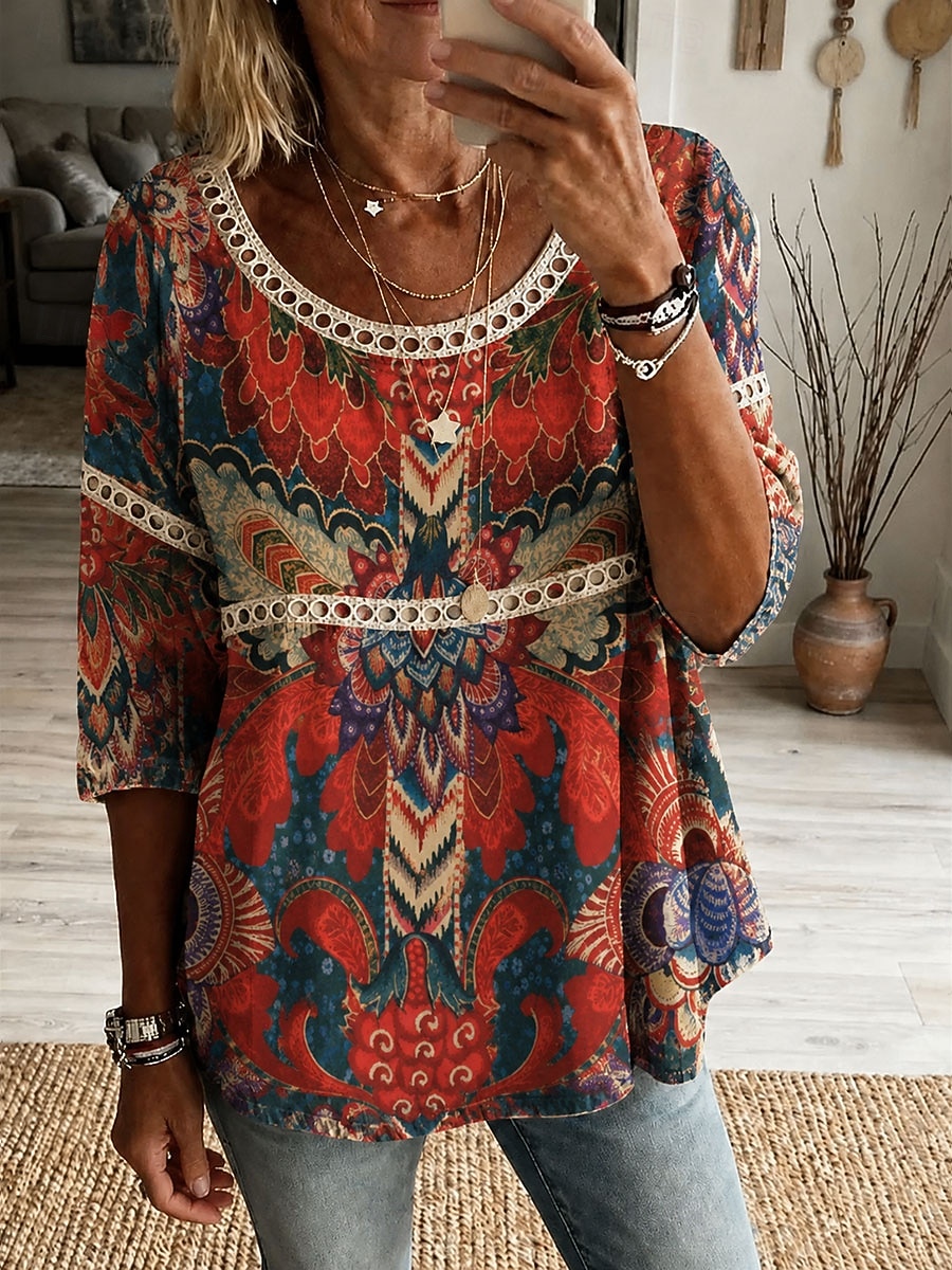 Per donna Camicia Top traforato Tunica Stampato Floreale Grafico Vintage Quotidiano Elegante Manica 3/4 Girocollo Top Regolari Casuale Quotidiano Blu Cachi Rosso Arancione Estate Primavera del 2026 a $34.99 –P1