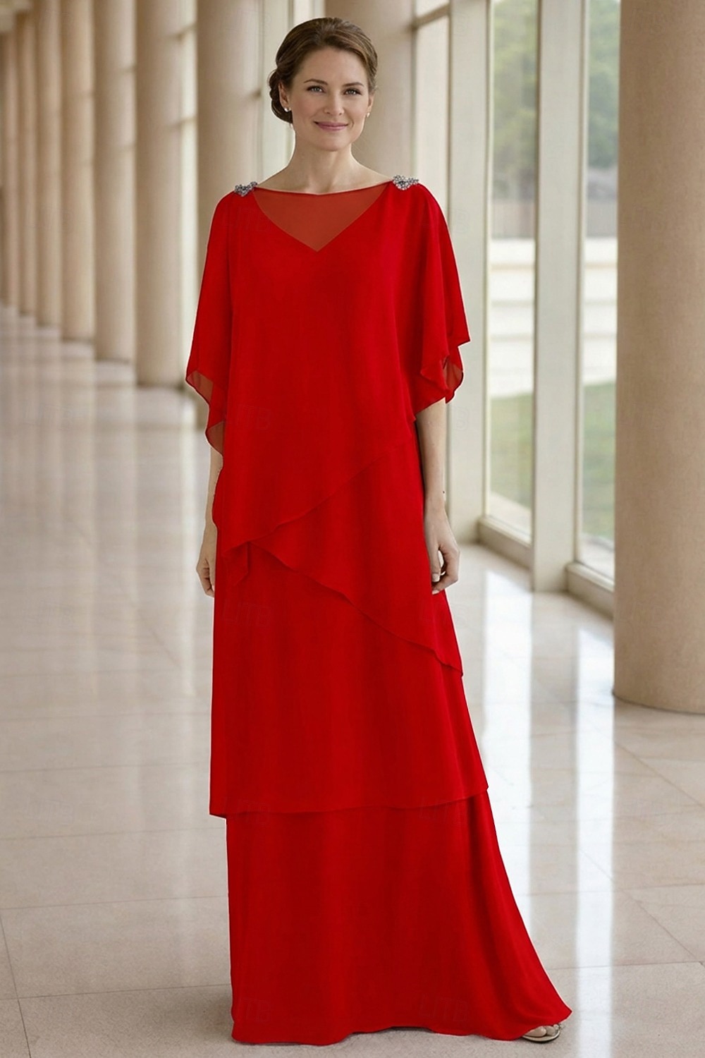 Linea ad A Lunghezza al pavimento Abito da invitata a nozze Abito Formale Abito a Strati Abito da cerimonia per signora Mezza Manica Girocollo Elegante Formale Ospite di nozze Chiffon con Volant del 2026 a $183.99 –P13