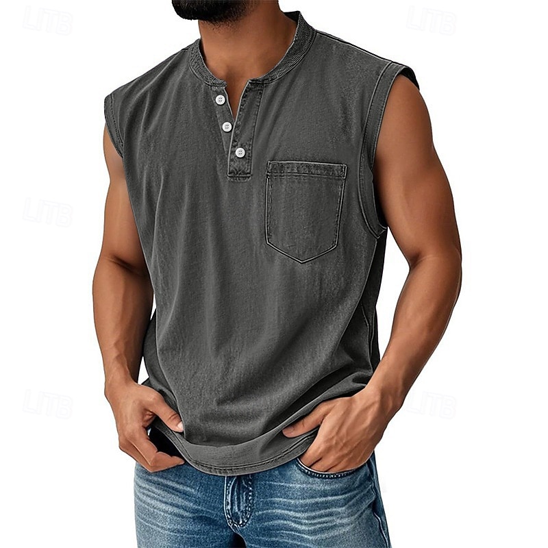 Regata masculina vintage 100% algodão com lavagem ácida, camiseta sem mangas, camiseta regata sem mangas estilo henley, camiseta básica de verão lisa, de grife, com bolsos e botões, para férias, estilo urbano, preta, para homens. de 2026 por $23.99 –P19